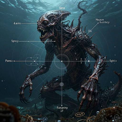 Deep Ocean Macabre Creature with Schematic Overlay