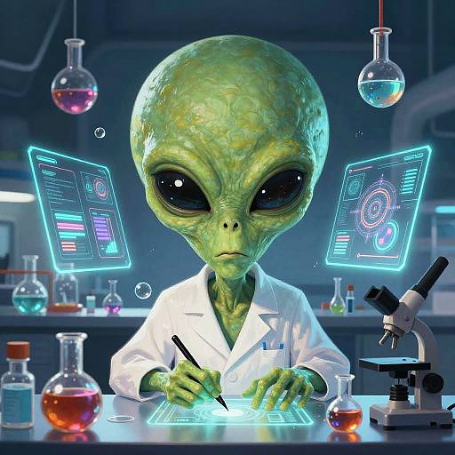 Digital artwork of a green-skinned alien in a white lab coat, writing with a pen on a glowing holographic tablet in a futuristic lab, surrounded