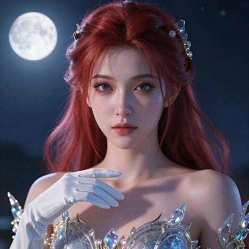 CGI image of a beautiful, fair-skinned woman with red hair, wearing white gloves and crystal-adorned dress, under a glowing full moon