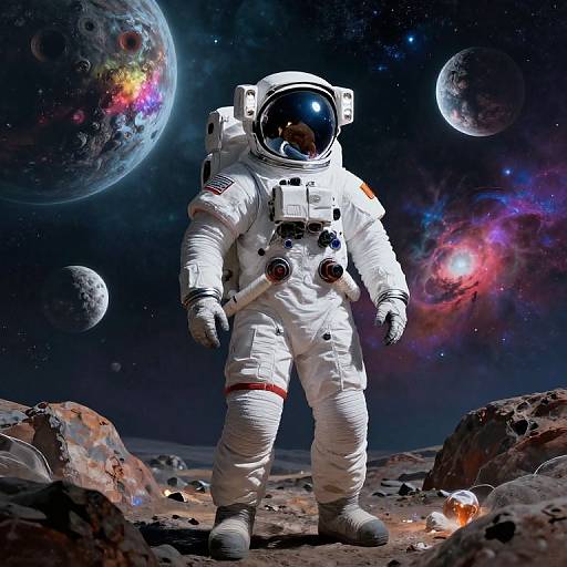 Photorealistic CGI of an astronaut in a white spacesuit standing on a rocky, barren moon surface with colorful asteroids and galaxies in the starry background