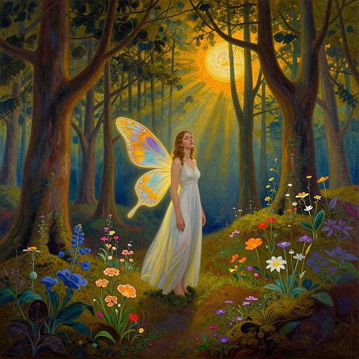 Magical forest scene: fair-skinned woman with long brown hair in white dress and glowing blue-orange butterfly stands amidst vibrant flowers, sunlight filtering through tall