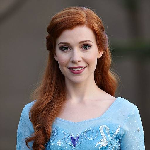 Photograph of a smiling red-haired woman with fair skin, wearing a light blue, lace-trimmed dress, with her hair styled in loose waves