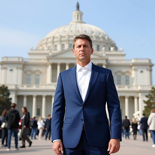 Photograph of a serious man in a navy blue suit and white shirt, standing in front of a grand, white domed building with people in the