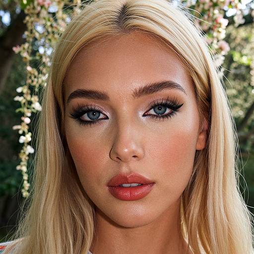 Close-up photograph of a blonde woman with blue eyes, full lips, and heavy black eyeliner, standing against a blurred floral background.