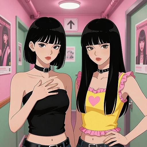 Illustration of Two Stylish Women in Neon Hallway