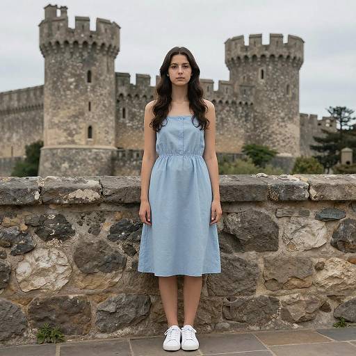 Young woman with long dark hair in light blue dress and white sneakers stands against a stone wall with medieval castle towers in the background. Photograph.