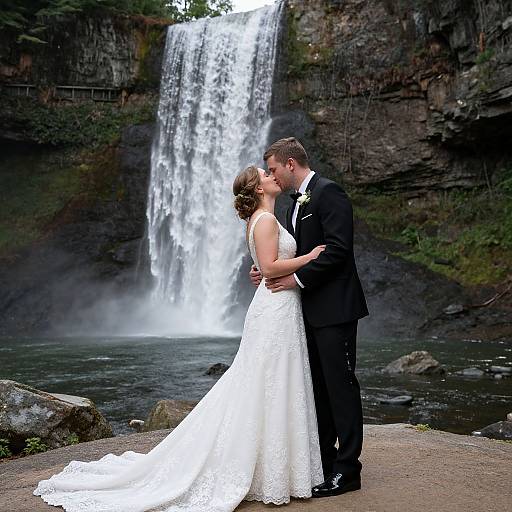 Photograph of a bride in a white lace dress and groom in a black suit kissing by a waterfall in a forest.