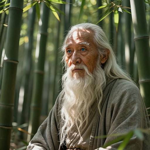 Photograph of an elderly man with long white beard and blue eyes, dressed in a gray robe, sitting among tall green bamboo stalks, sunlight filtering