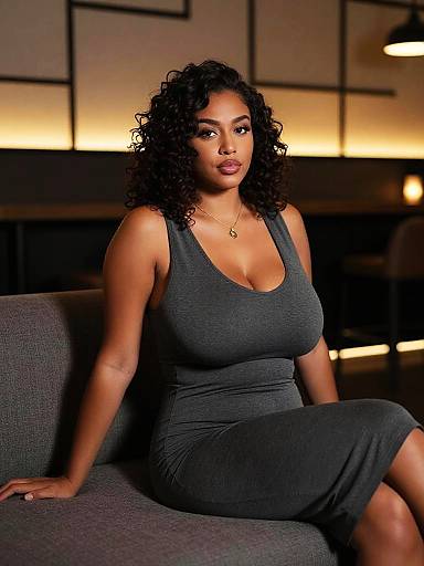 Confident Woman in Gray Dress on Sofa