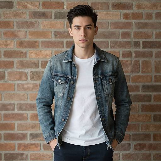 Photograph of a young man with short dark hair, wearing a blue denim jacket over a white t-shirt, standing against a brick wall.