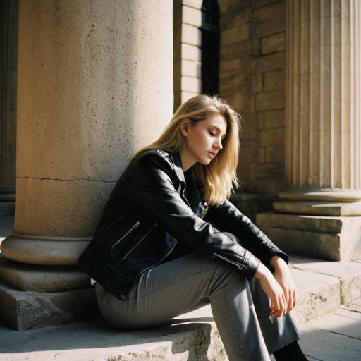 Thoughtful Woman Sitting by Stone Pillar