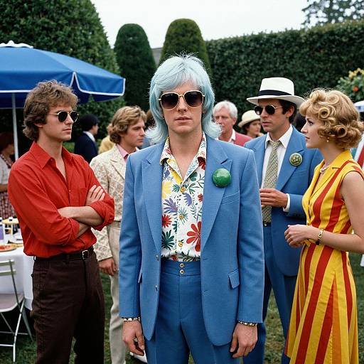 1960s outdoor party photograph: Blue-haired man in blue suit with floral shirt, blue pin, sunglasses; blonde woman in yellow-striped dress, white