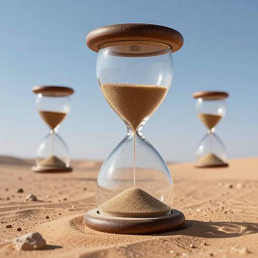 Photograph of three glass hourglasses with wooden lids on a sandy desert, casting shadows under a clear blue sky.