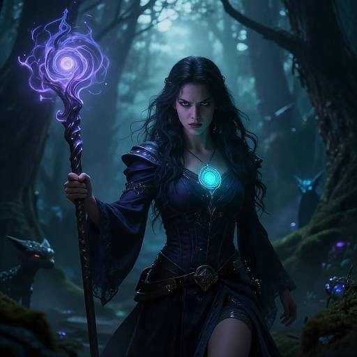 Digital fantasy artwork: Dark-haired woman with glowing blue orb, holding a purple, ethereal staff, in a mystical, moonlit forest.