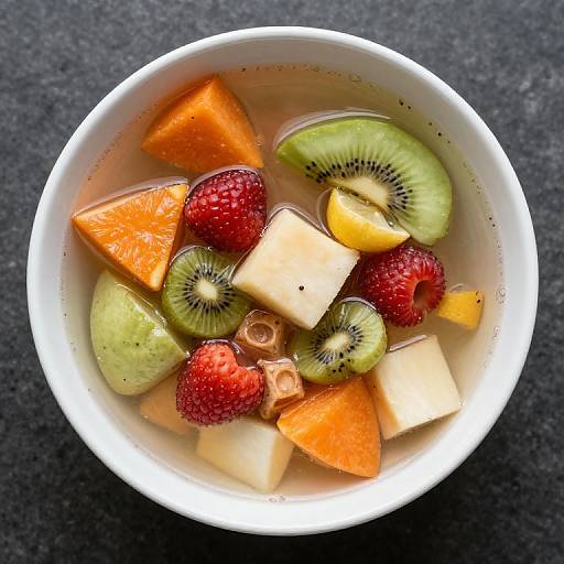 Photograph of a white bowl filled with colorful fruit and cheese cubes, including kiwi slices, strawberries, orange, and white cheese, set on a