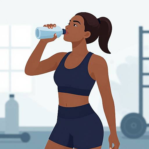 Digital illustration of a dark-skinned woman with a ponytail, drinking from a water bottle in a gym, wearing a black sports bra and shorts.