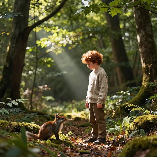 Photograph of a curly-haired young boy in a beige sweater standing in a sunlit forest, gazing at a curious squirrel on a mossy,