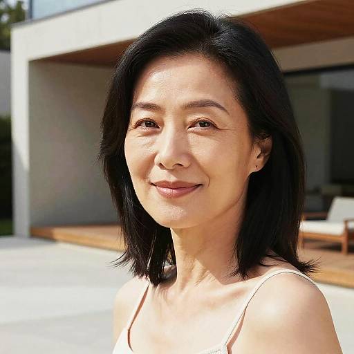 Photograph of an Asian woman with medium-length black hair, smiling, wearing a white tank top, standing outdoors in bright sunlight. Modern white building and