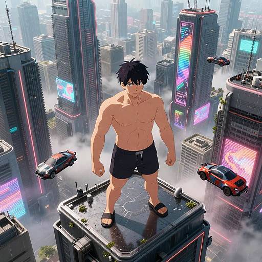 Futuristic Anime Cityscape with Hero