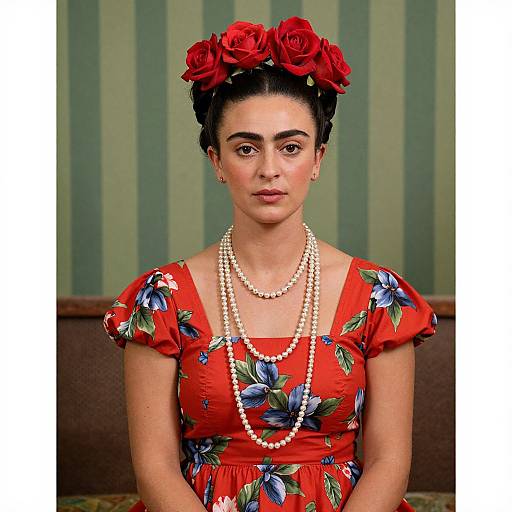 Photograph of a woman with dark hair in an updo, adorned with red roses, wearing a red floral dress, pearl necklaces, and sitting