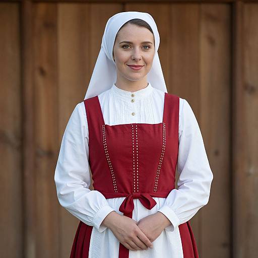 Photograph of a fair-skinned woman with dark hair, wearing a white headscarf, red dress with white blouse, standing in front of a