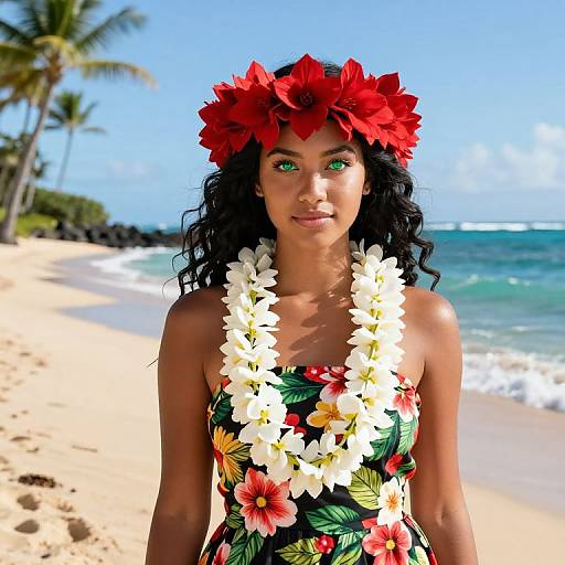 Photograph of a beautiful Black woman with green eyes, wearing a red flower headband, white and yellow flower lei, and a floral strapless dress