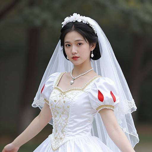Photograph of an East Asian woman in a white, traditional Disney-style Snow White wedding dress with gold embroidery, red puffed sleeves, and a white