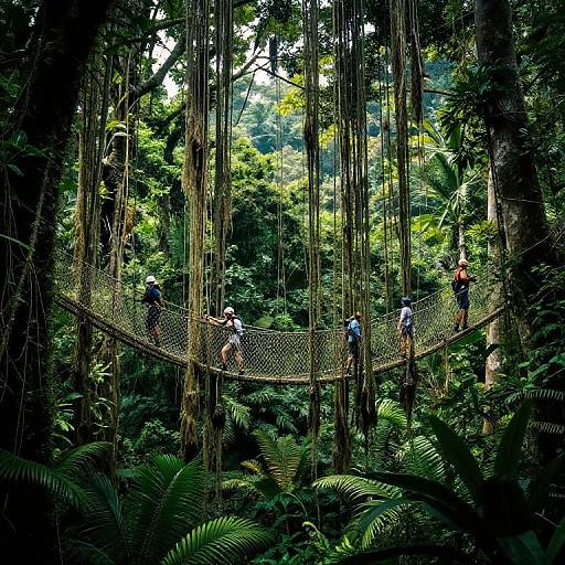 Photograph of a group of six people crossing a suspended rope bridge through a dense, lush, green jungle with sunlight filtering through the foliage.