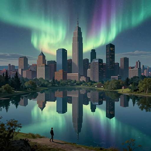 Digital artwork of a city skyline at night with vibrant auroras reflecting on a calm lake, featuring a lone figure in the foreground.