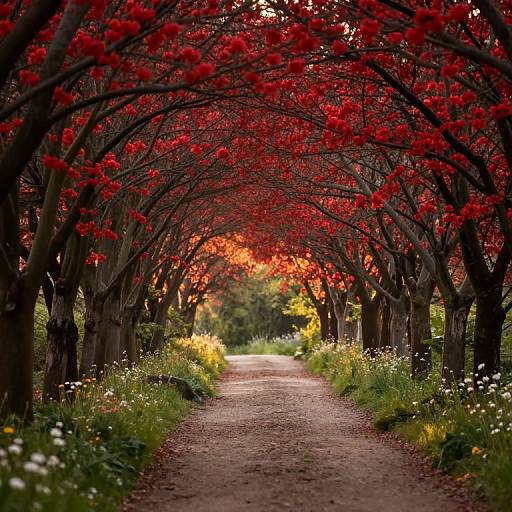 Photograph of a winding path lined with vibrant red trees creating a canopy, surrounded by white and yellow wildflowers, at sunset.