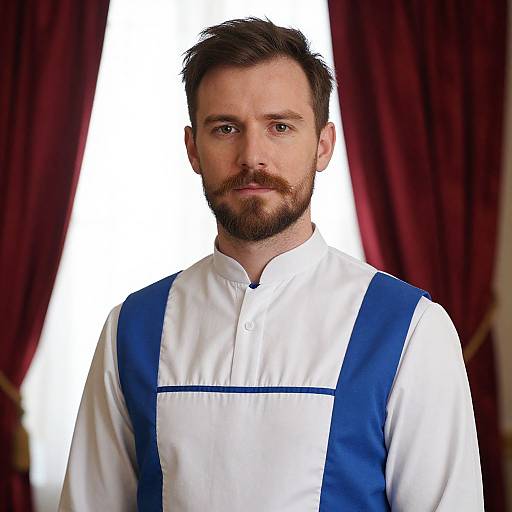 Man in Blue Vest by Window