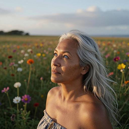 Photograph of a middle-aged woman with long white hair, bare shoulders, looking up at a colorful wildflower field under a cloudy sky.