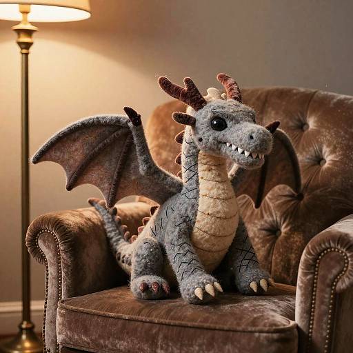 Whimsical Plush Dragon in Cozy Vintage Setting