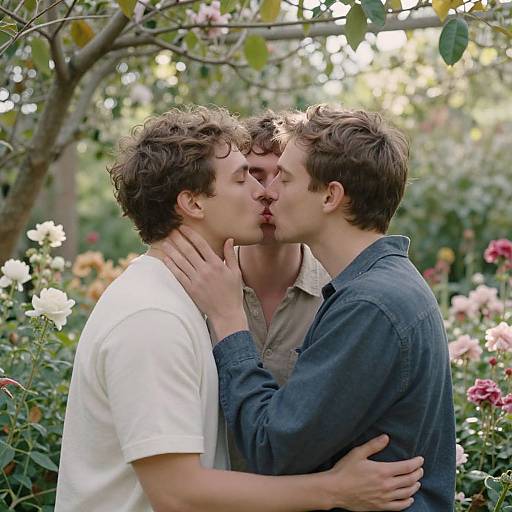 Photograph of two curly-haired, young men kissing passionately in a garden, surrounded by blooming flowers; one in a white shirt, the other in