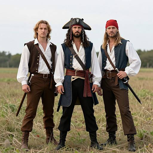 Photograph of three men in pirate costumes, standing in a grassy field. Center has black tricorn hat, left has shoulder-length hair, right