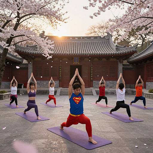 Photograph of seven women in yoga poses on purple mats, wearing colorful workout clothes, in a traditional Japanese courtyard with cherry blossom trees and a traditional building