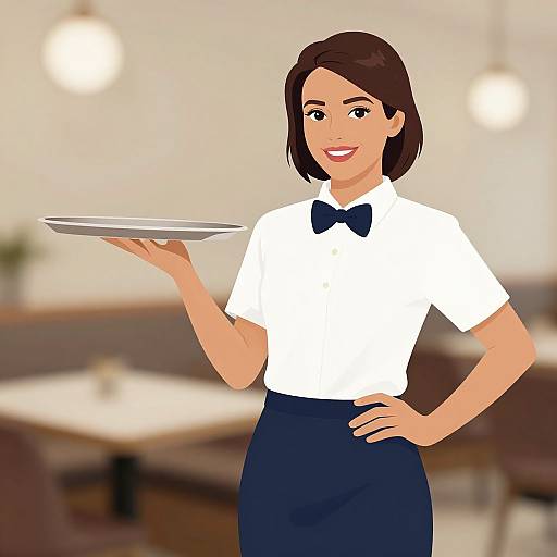 Digital illustration of a smiling, brown-haired female server in a white shirt, black bow tie, and navy skirt, holding a tray. Blurred restaurant