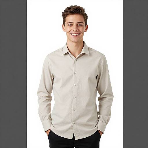 Photograph of a young Caucasian man with short brown hair, smiling, wearing a white button-up shirt, black pants, and hands in pockets, set