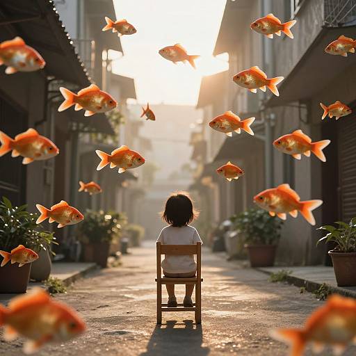 Photograph: Silhouetted child with short hair sits on a chair in a sunlit alley, surrounded by floating orange goldfish.