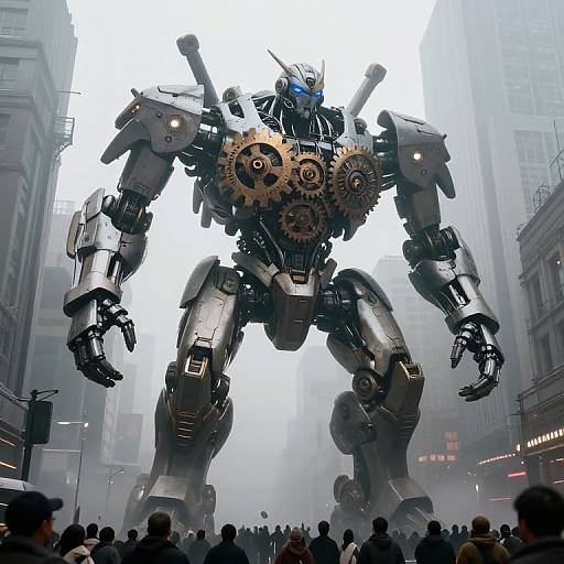 Digital artwork of a towering, silver mecha with blue eyes and large brass gears, standing in a foggy city street, surrounded by a crowd of