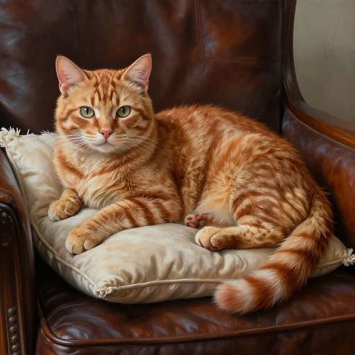 Photograph of a relaxed, orange tabby cat with green eyes, lying on a white pillow in a dark brown leather armchair.