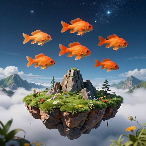 Surreal Orange Fish Above Floating Island