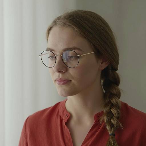 Thoughtful Woman with Gold-Rimmed Glasses