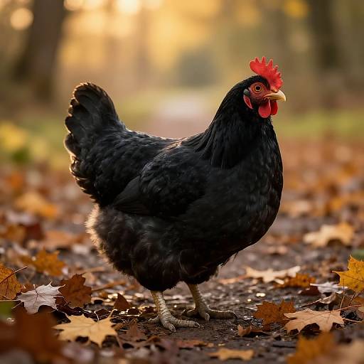 Photograph of a black rooster with a red comb and wattles, standing on a path covered in autumn leaves, with a blurred, sunlit