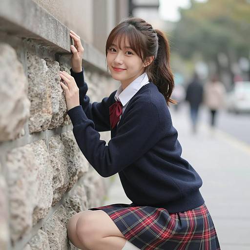 Asian Schoolgirl Kneeling by Stone Wall
