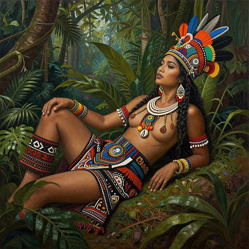 Photorealistic digital art of a topless Indigenous woman with dark skin, braided hair, colorful headdress, and intricate tribal attire, reclining