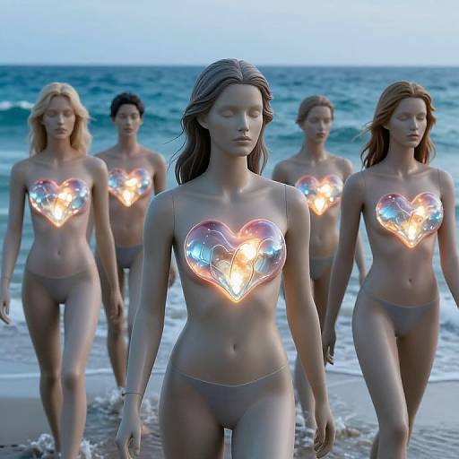 Photograph of five slender women with glowing heart-shaped LED lights on their chests, wearing transparent bikinis, walking on a beach at dusk.