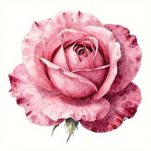 Detailed watercolor illustration of a pink rose with layered petals, varying shades of pink, and subtle dark red edges, set against a white background.