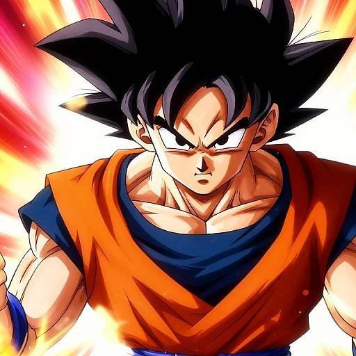 Digital drawing of intense, muscular Goku from Dragon Ball, with spiky black hair, fierce expression, orange and blue gi, dynamic energy burst background.