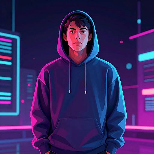Digital art of a young man with light skin, black hair, and serious expression, wearing a dark blue hoodie, standing in a neon-lit,